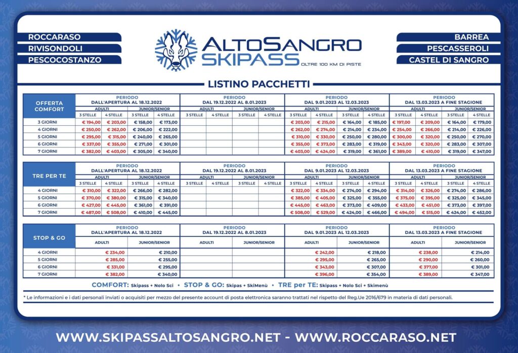 listino paccehtti 2023 sky pass sangro